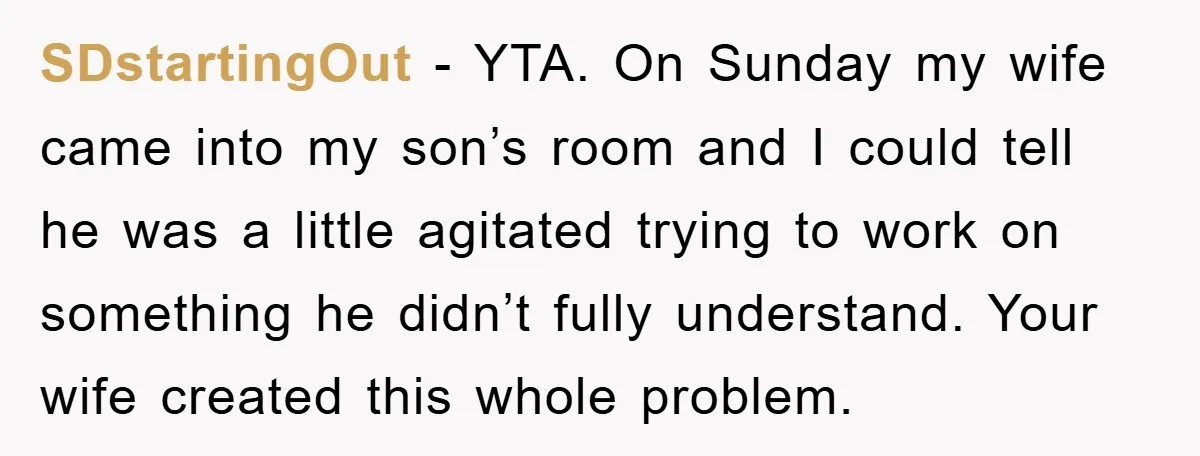 SDstartingOut − YTA. On Sunday my wife came into my son’s room and I could tell he was a little agitated trying to work on something he didn’t fully understand....