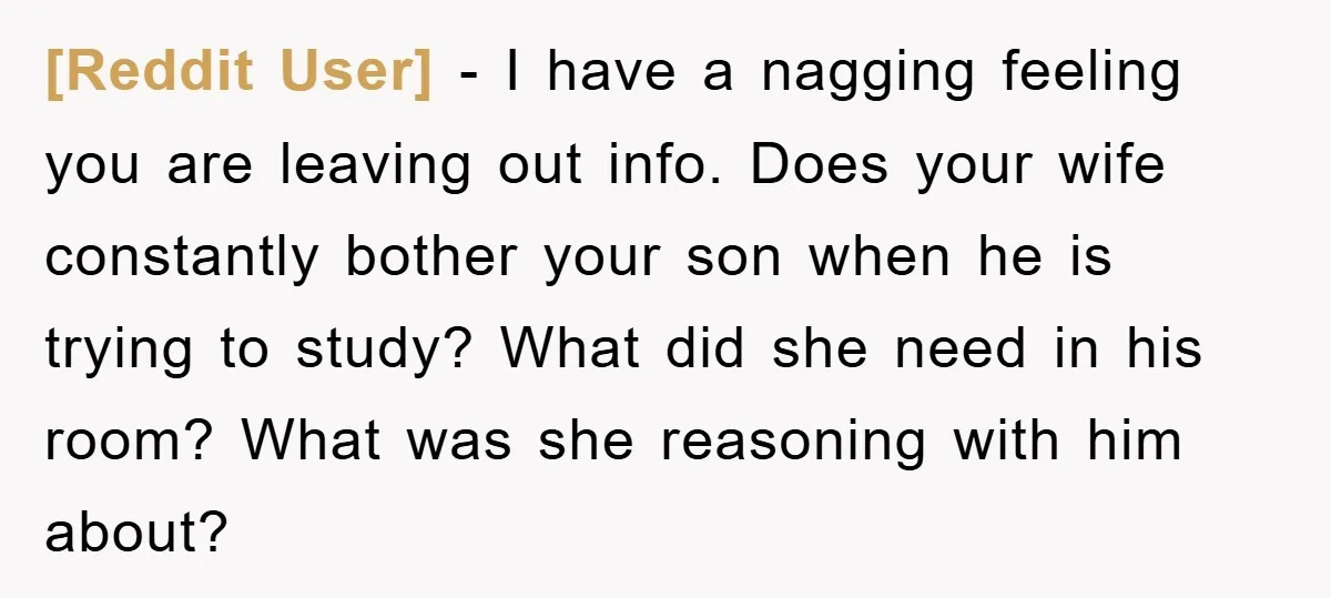 [Reddit User] − I have a nagging feeling you are leaving out info. Does your wife constantly bother your son when he is trying to study? What did she need...