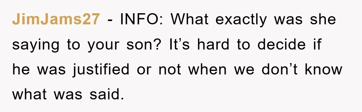 JimJams27 − INFO: What exactly was she saying to your son? It’s hard to decide if he was justified or not when we don’t know what was said.