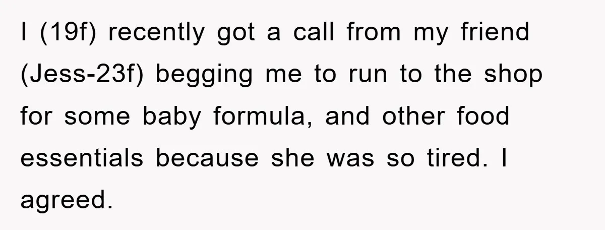I (19f) recently got a call from my friend (Jess-23f) begging me to run to the shop for some baby formula, and other food essentials because she was so tired....