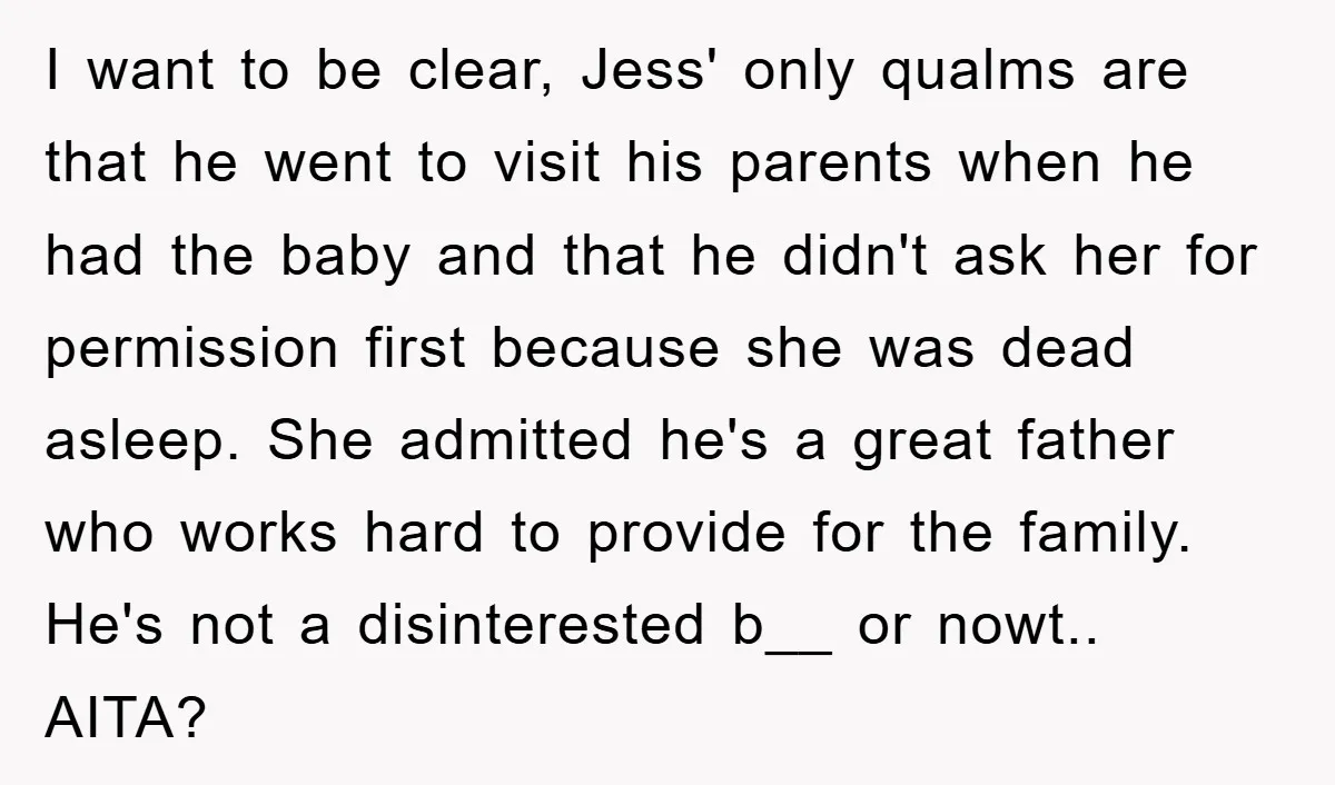 I want to be clear, Jess' only qualms are that he went to visit his parents when he had the baby and that he didn't ask her for permission first...