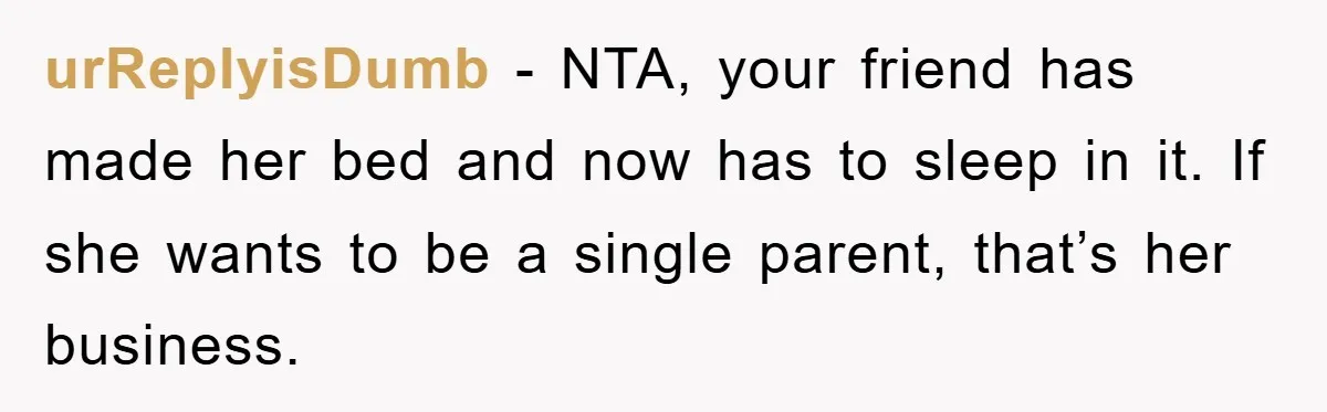 urReplyisDumb − NTA, your friend has made her bed and now has to sleep in it. If she wants to be a single parent, that’s her business.