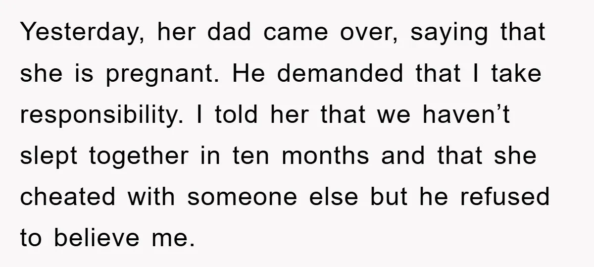Yesterday, her dad came over, saying that she is pregnant. He demanded that I take responsibility. I told her that we haven’t slept together in ten months and that she...