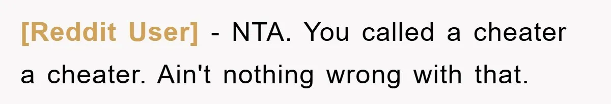 [Reddit User] − NTA. You called a cheater a cheater. Ain't nothing wrong with that.