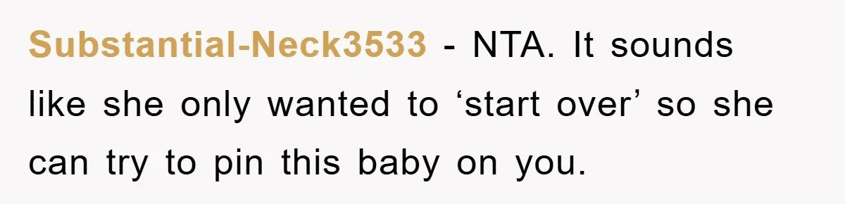 Substantial-Neck3533 − NTA. It sounds like she only wanted to ‘start over’ so she can try to pin this baby on you.