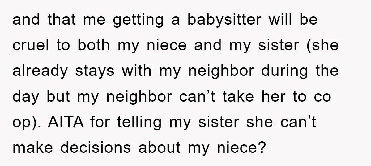 and that me getting a babysitter will be cruel to both my niece and my sister (she already stays with my neighbor during the day but my neighbor can’t take...
