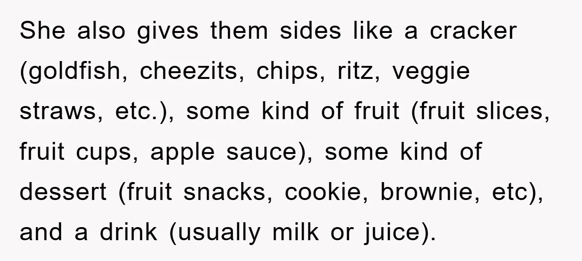 She also gives them sides like a cracker (goldfish, cheezits, chips, ritz, veggie straws, etc.), some kind of fruit (fruit slices, fruit cups, apple sauce), some kind of dessert (fruit...