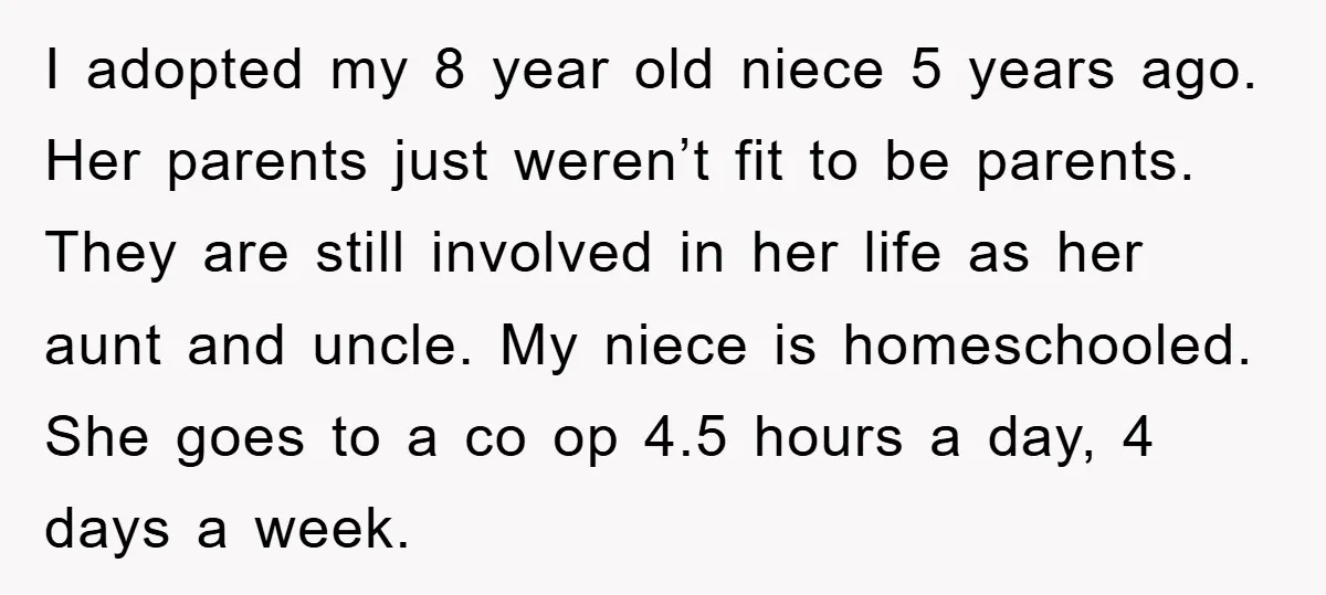 I adopted my 8 year old niece 5 years ago. Her parents just weren’t fit to be parents. They are still involved in her life as her aunt and uncle....