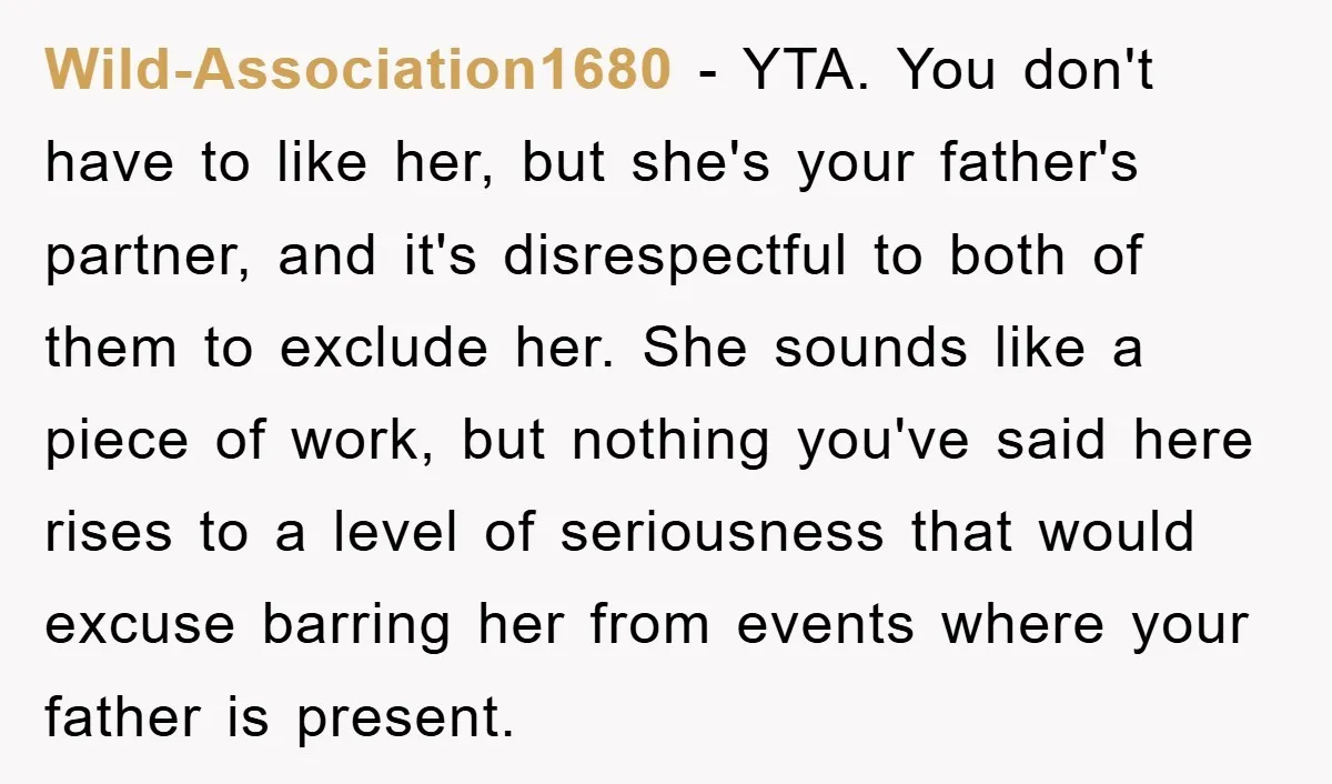 Wild-Association1680 − YTA. You don't have to like her, but she's your father's partner, and it's disrespectful to both of them to exclude her. She sounds like a piece of...