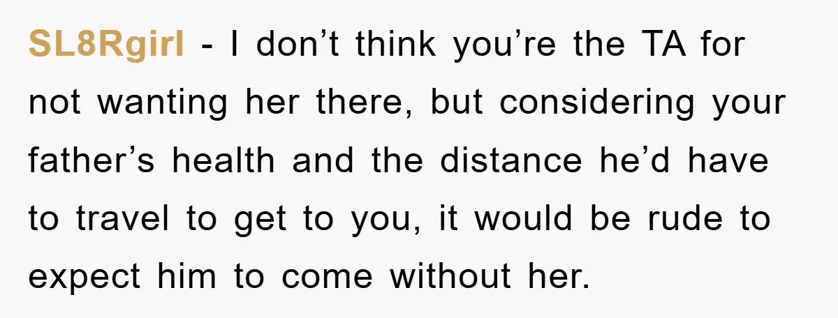SL8Rgirl − I don’t think you’re the TA for not wanting her there, but considering your father’s health and the distance he’d have to travel to get to you, it...