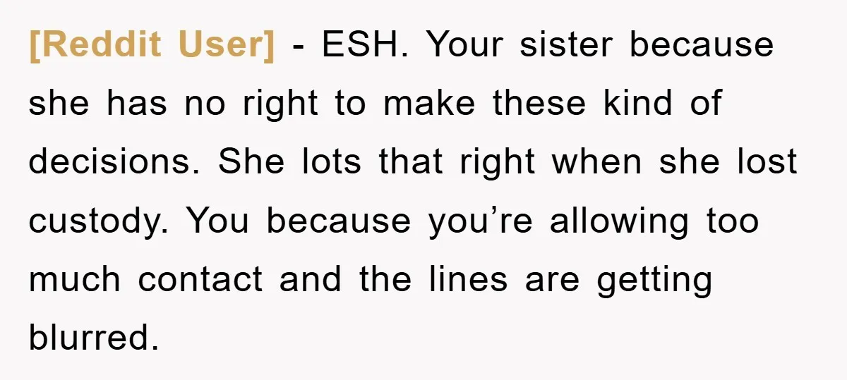 [Reddit User] − ESH. Your sister because she has no right to make these kind of decisions. She lots that right when she lost custody. You because you’re allowing too...