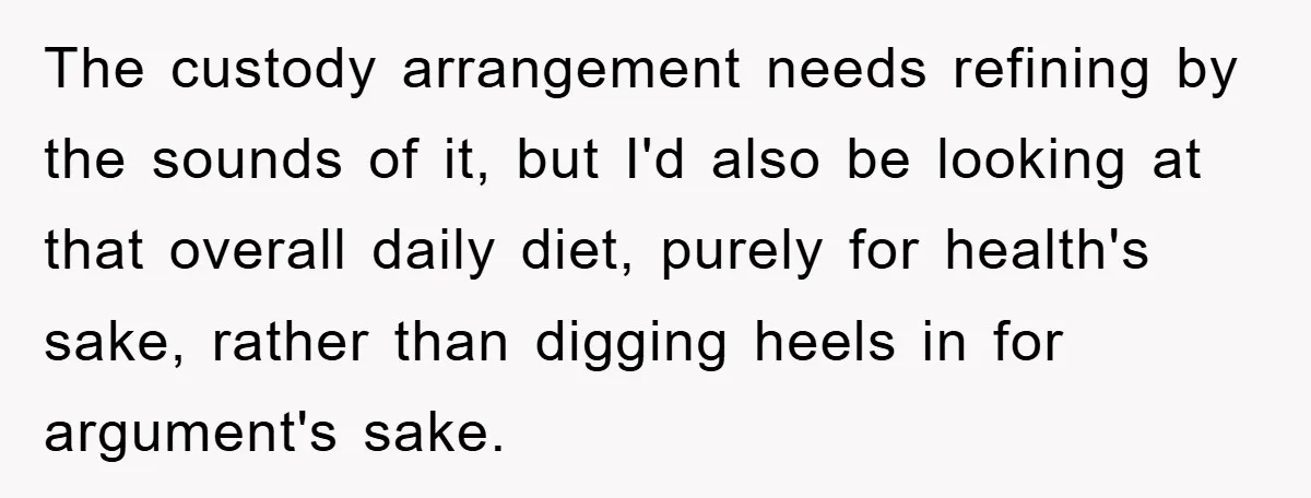 The custody arrangement needs refining by the sounds of it, but I'd also be looking at that overall daily diet, purely for health's sake, rather than digging heels in for...