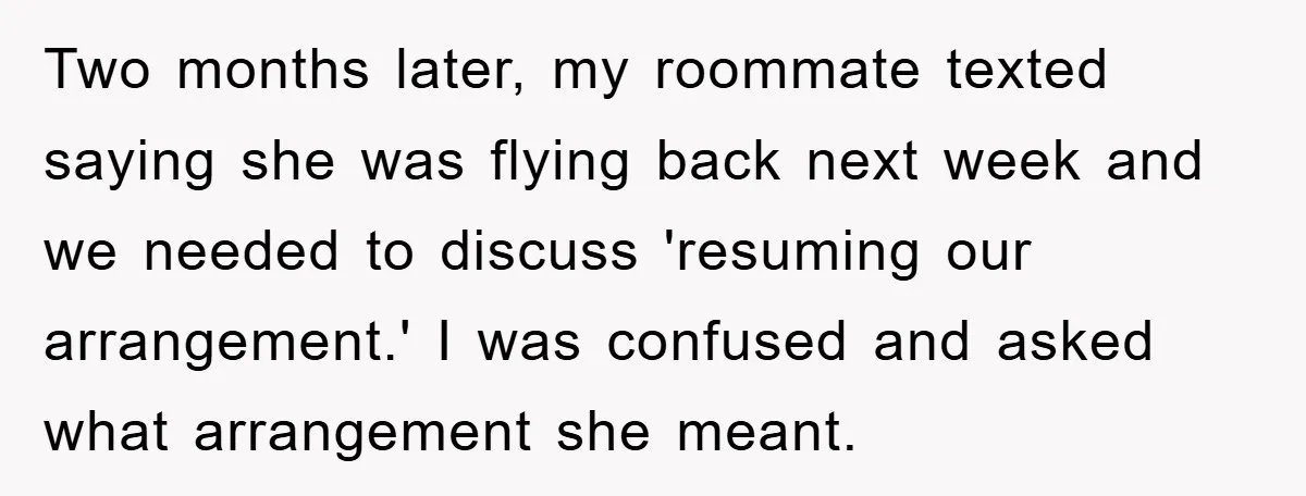 Two months later, my roommate texted saying she was flying back next week and we needed to discuss 'resuming our arrangement.' I was confused and asked what arrangement she meant.