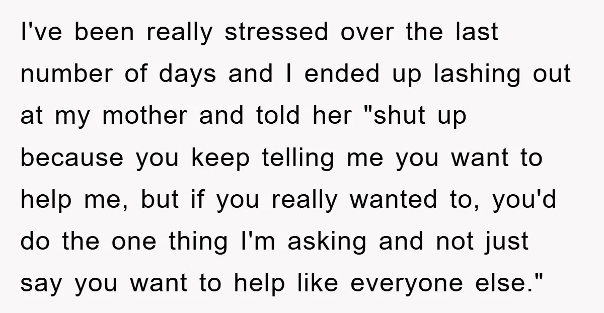 I've been really stressed over the last number of days and I ended up lashing out at my mother and told her "shut up because you keep telling me you...