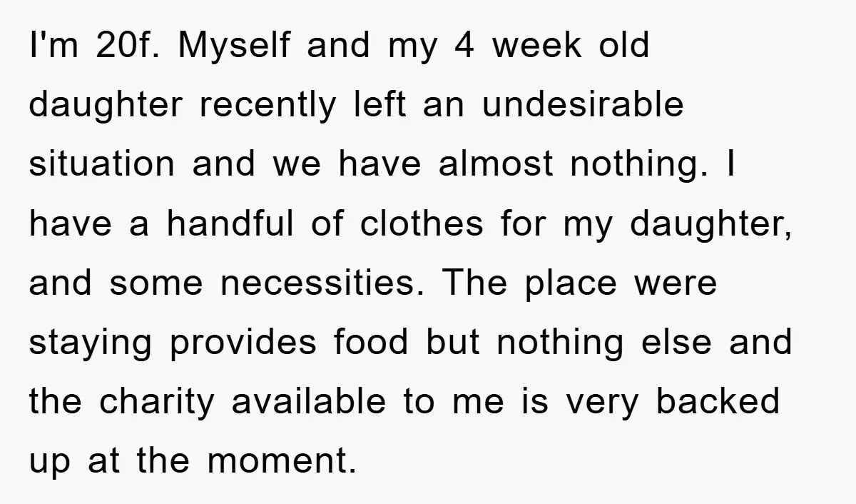 I'm 20f. Myself and my 4 week old daughter recently left an undesirable situation and we have almost nothing. I have a handful of clothes for my daughter, and some...