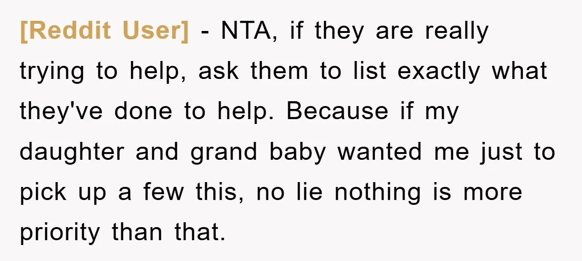 [Reddit User] − NTA, if they are really trying to help, ask them to list exactly what they've done to help. Because if my daughter and grand baby wanted me...