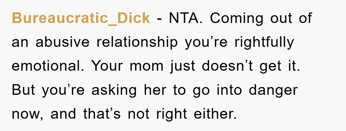 Bureaucratic_Dick − NTA. Coming out of an abusive relationship you’re rightfully emotional. Your mom just doesn’t get it. But you’re asking her to go into danger now, and that’s not...