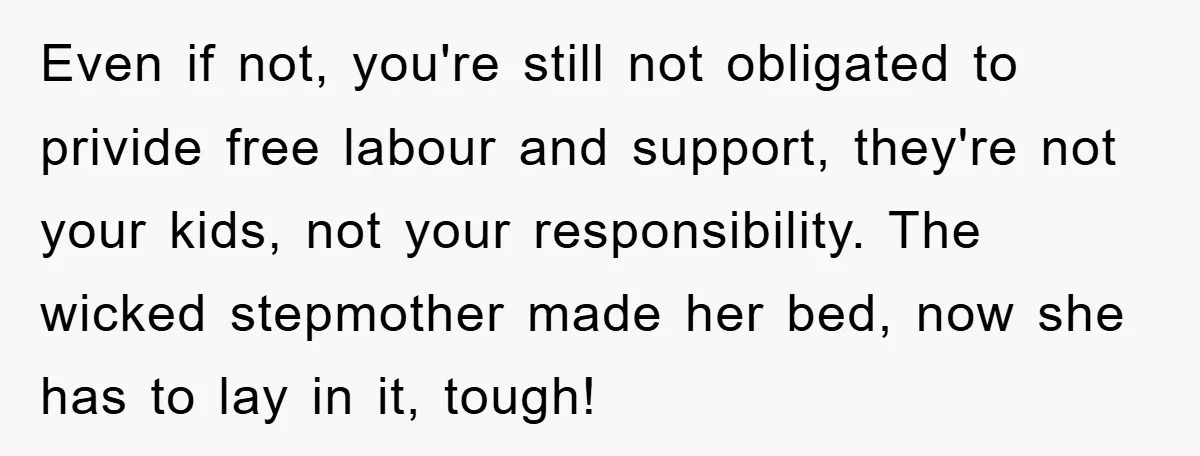 Even if not, you're still not obligated to privide free labour and support, they're not your kids, not your responsibility. The wicked stepmother made her bed, now she has to...