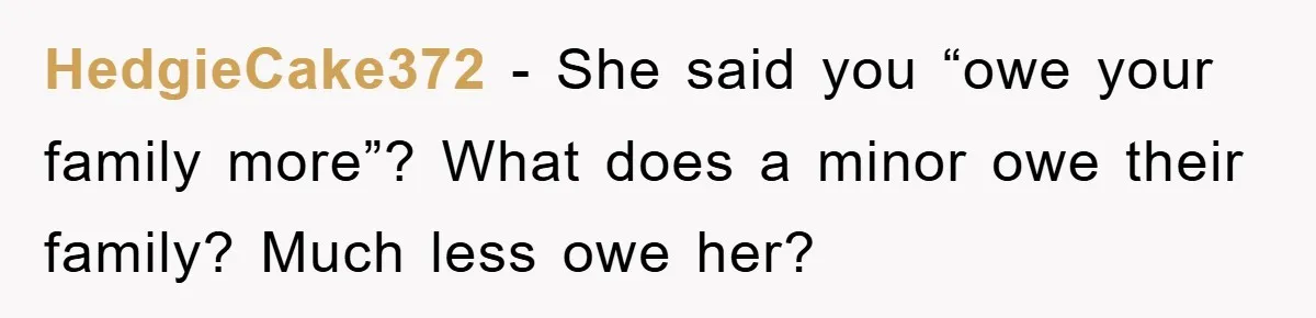 HedgieCake372 − She said you “owe your family more”? What does a minor owe their family? Much less owe her?