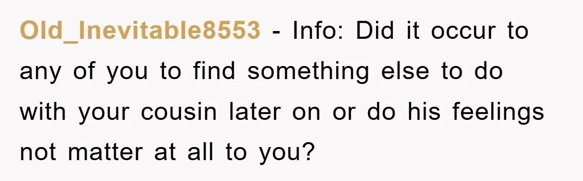 Old_Inevitable8553 − Info: Did it occur to any of you to find something else to do with your cousin later on or do his feelings not matter at all to...