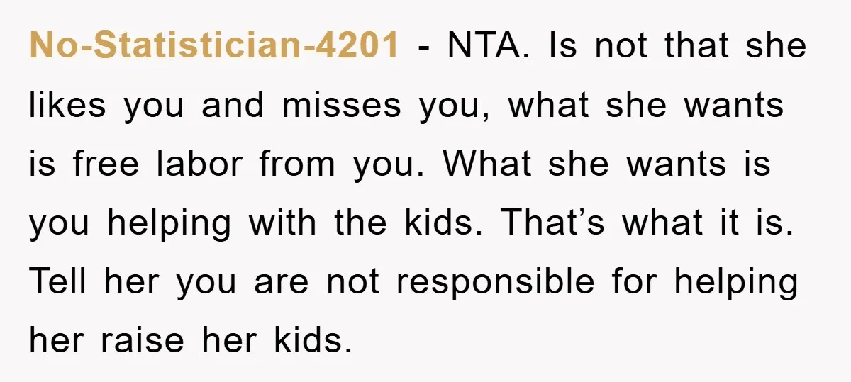 No-Statistician-4201 − NTA. Is not that she likes you and misses you, what she wants is free labor from you. What she wants is you helping with the kids. That’s...