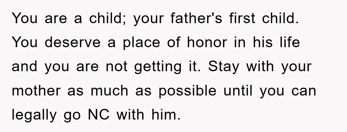 You are a child; your father's first child. You deserve a place of honor in his life and you are not getting it. Stay with your mother as much as...