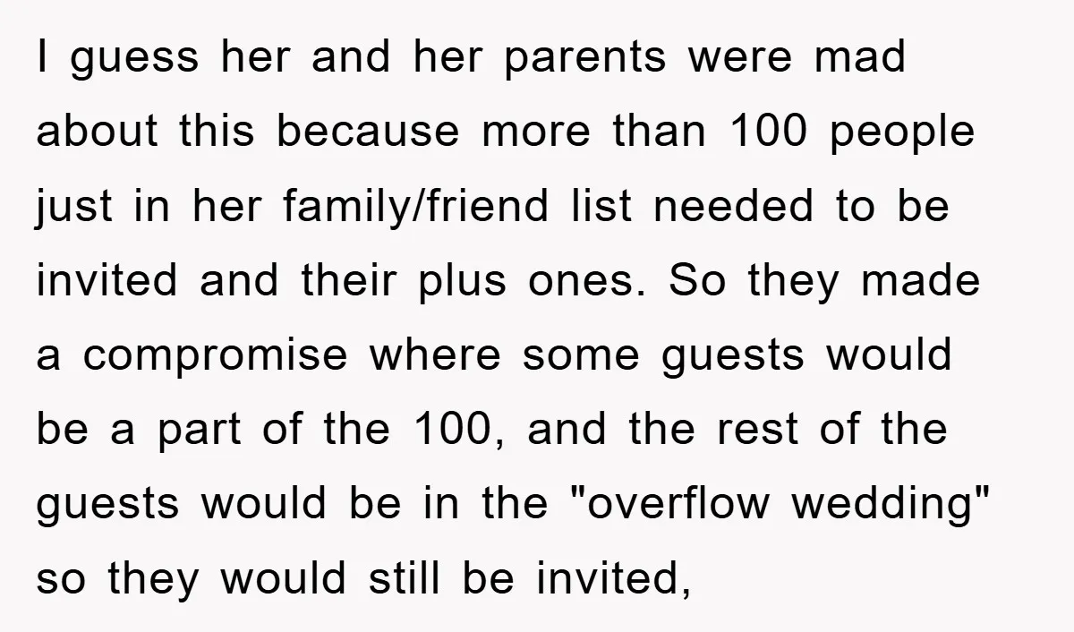 I guess her and her parents were mad about this because more than 100 people just in her family/friend list needed to be invited and their plus ones. So they...