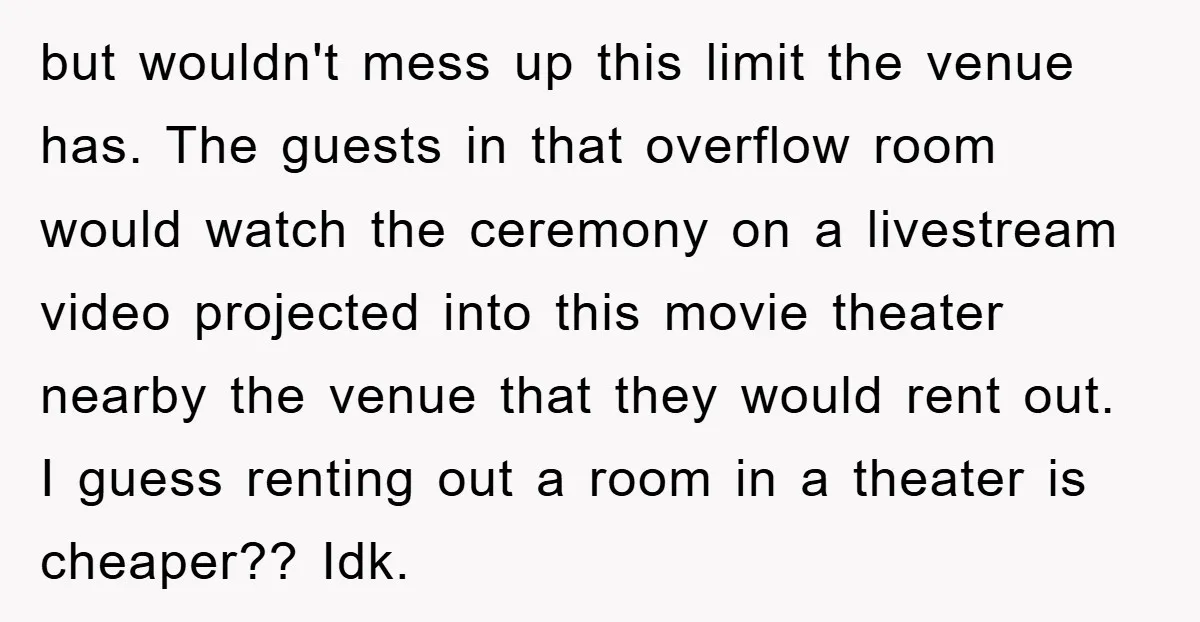 but wouldn't mess up this limit the venue has. The guests in that overflow room would watch the ceremony on a livestream video projected into this movie theater nearby the...