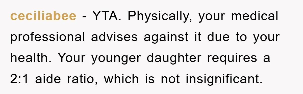 ceciliabee − YTA. Physically, your medical professional advises against it due to your health. Your younger daughter requires a 2:1 aide ratio, which is not insignificant.