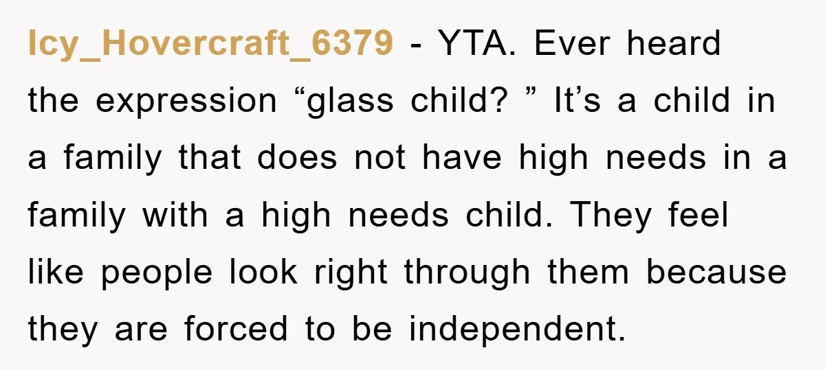 Icy_Hovercraft_6379 − YTA. Ever heard the expression “glass child? ” It’s a child in a family that does not have high needs in a family with a high needs child....
