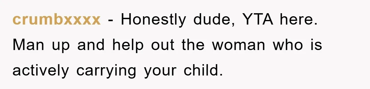 crumbxxxx − Honestly dude, YTA here. Man up and help out the woman who is actively carrying your child.