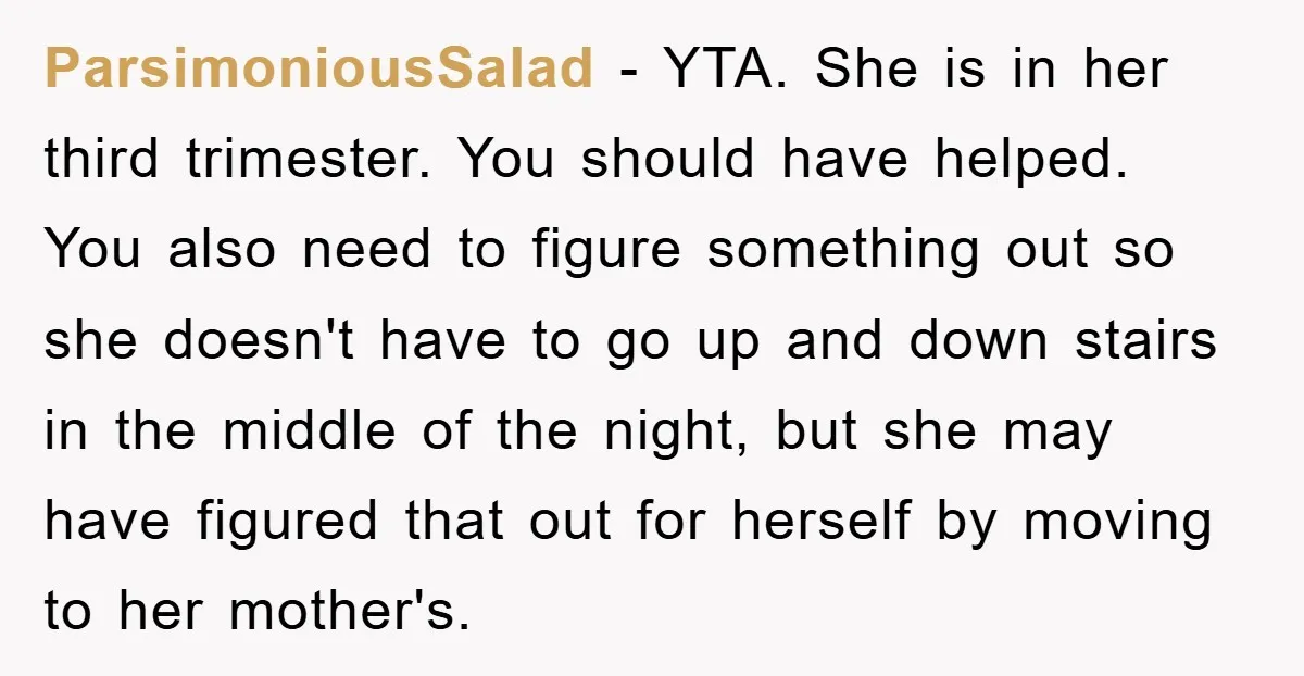ParsimoniousSalad − YTA. She is in her third trimester. You should have helped. You also need to figure something out so she doesn't have to go up and down stairs...