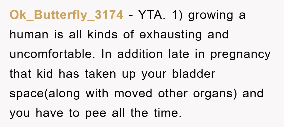 Ok_Butterfly_3174 − YTA. 1) growing a human is all kinds of exhausting and uncomfortable. In addition late in pregnancy that kid has taken up your bladder space(along with moved other...