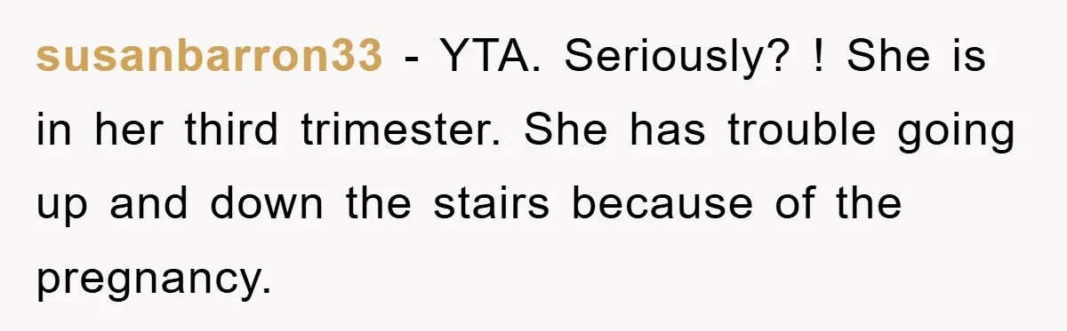 susanbarron33 − YTA. Seriously? ! She is in her third trimester. She has trouble going up and down the stairs because of the pregnancy.