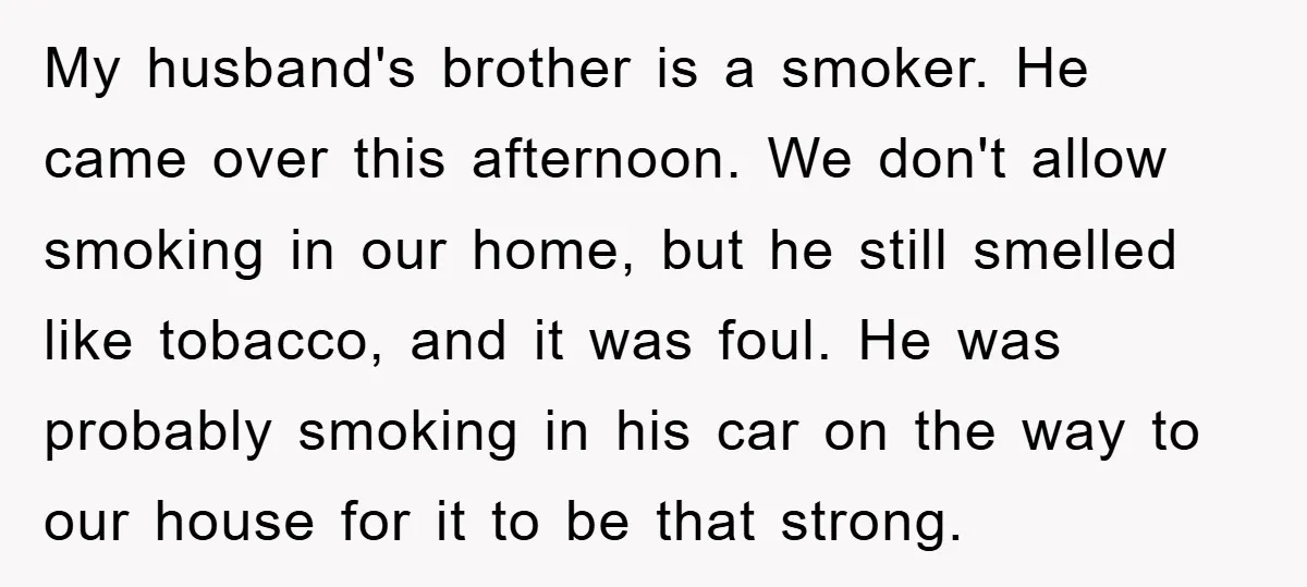 My husband's brother is a smoker. He came over this afternoon. We don't allow smoking in our home, but he still smelled like tobacco, and it was foul. He was...