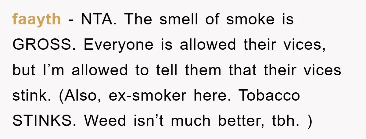 faayth − NTA. The smell of smoke is GROSS. Everyone is allowed their vices, but I’m allowed to tell them that their vices stink. (Also, ex-smoker here. Tobacco STINKS. Weed...