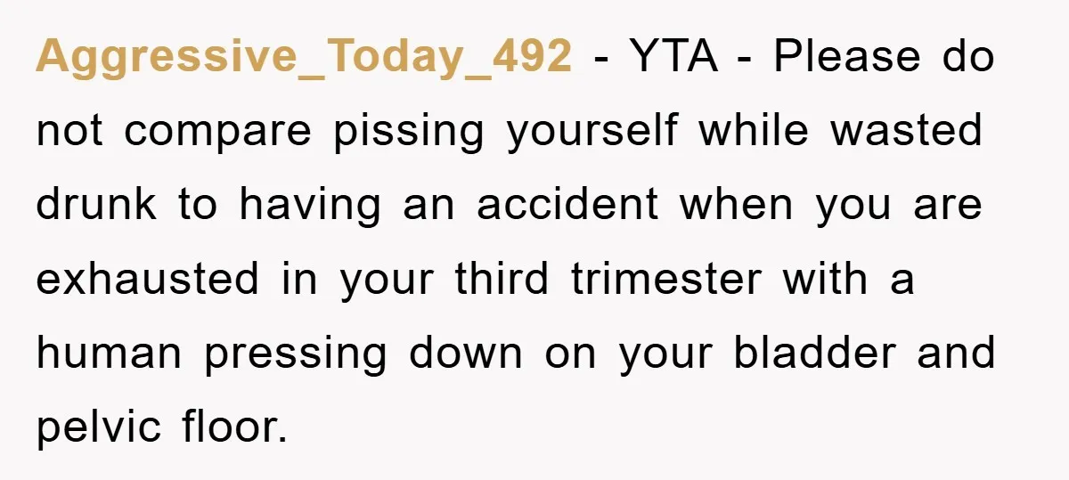 Aggressive_Today_492 − YTA - Please do not compare pissing yourself while wasted drunk to having an accident when you are exhausted in your third trimester with a human pressing down...