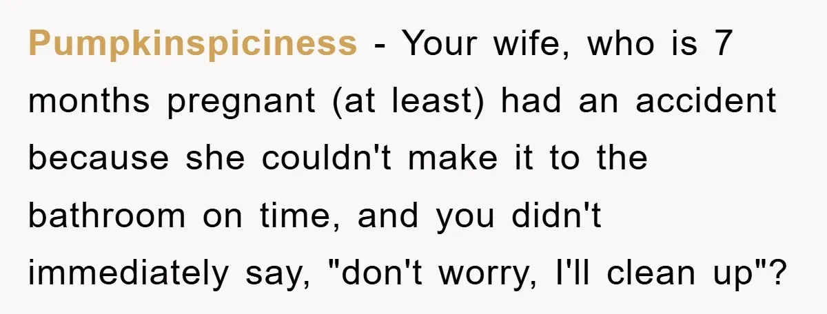 Pumpkinspiciness − Your wife, who is 7 months pregnant (at least) had an accident because she couldn't make it to the bathroom on time, and you didn't immediately say, "don't...