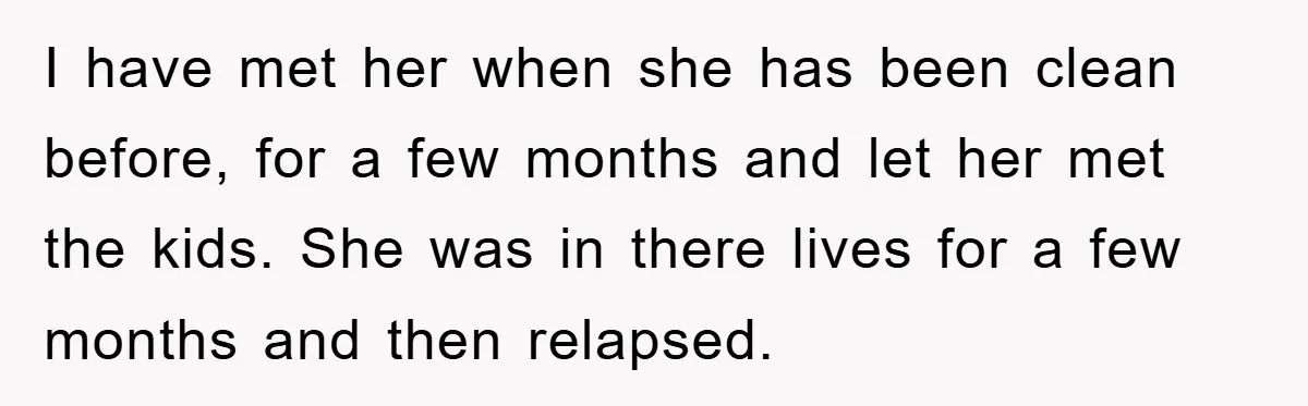 I have met her when she has been clean before, for a few months and let her met the kids. She was in there lives for a few months and...