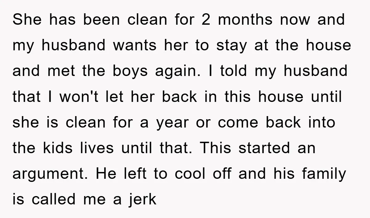 She has been clean for 2 months now and my husband wants her to stay at the house and met the boys again. I told my husband that I won't...