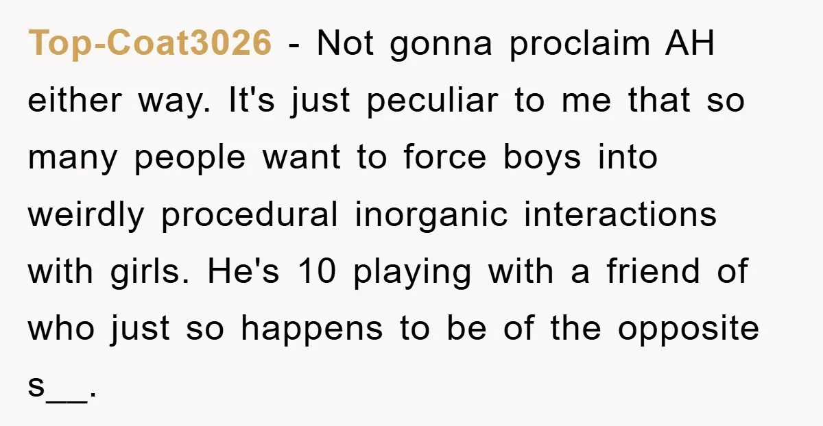 Top-Coat3026 − Not gonna proclaim AH either way. It's just peculiar to me that so many people want to force boys into weirdly procedural inorganic interactions with girls. He's 10...
