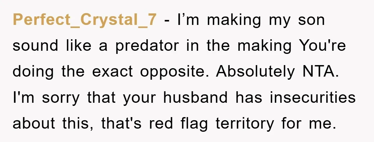 Perfect_Crystal_7 − I’m making my son sound like a predator in the making You're doing the exact opposite. Absolutely NTA. I'm sorry that your husband has insecurities about this, that's...