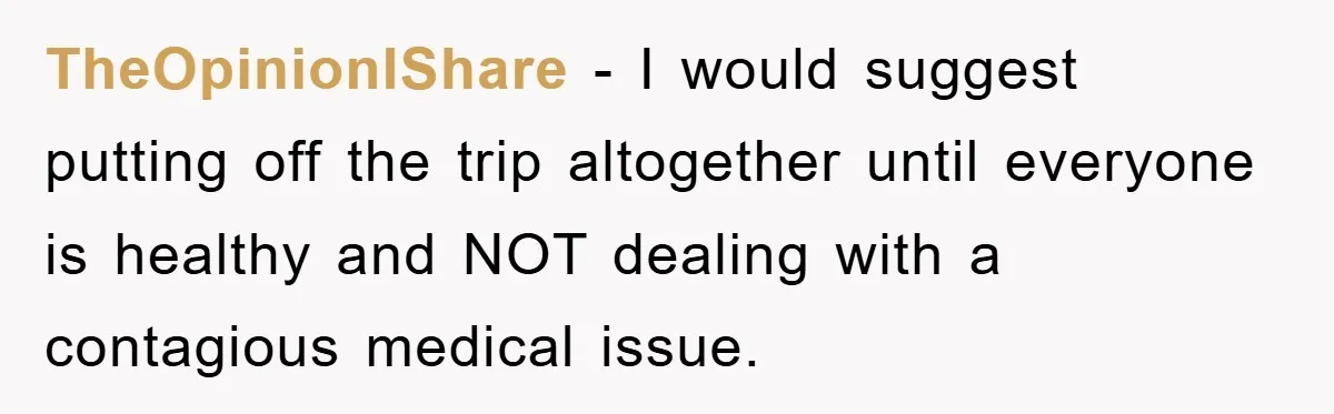 TheOpinionIShare − I would suggest putting off the trip altogether until everyone is healthy and NOT dealing with a contagious medical issue.