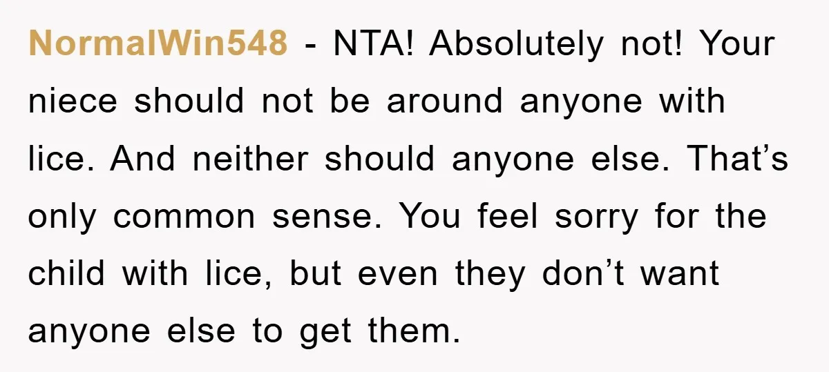 NormalWin548 − NTA! Absolutely not! Your niece should not be around anyone with lice. And neither should anyone else. That’s only common sense. You feel sorry for the child with...