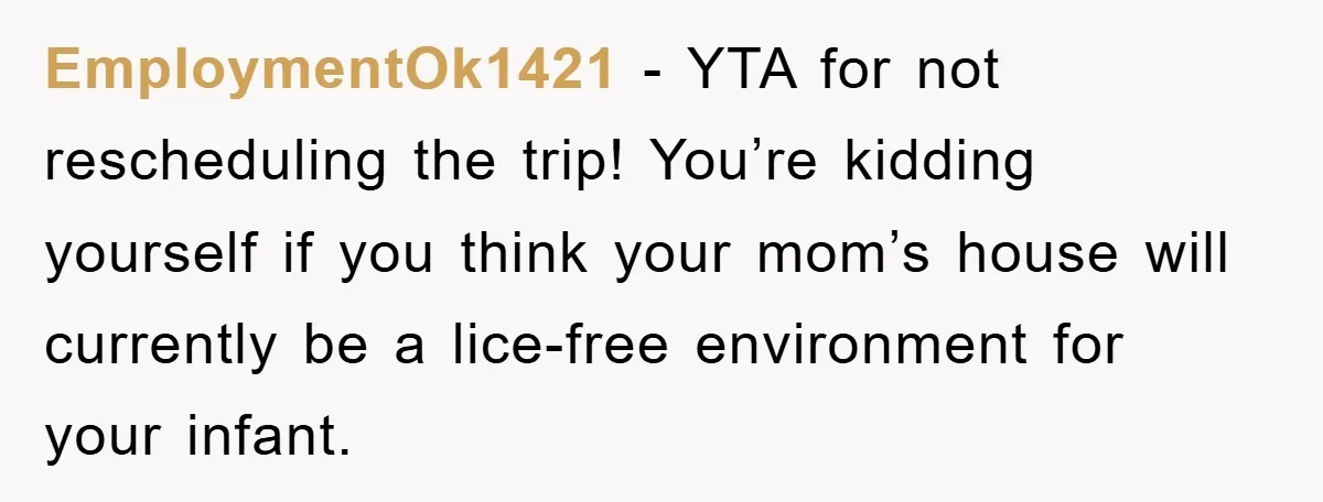 EmploymentOk1421 − YTA for not rescheduling the trip! You’re kidding yourself if you think your mom’s house will currently be a lice-free environment for your infant.