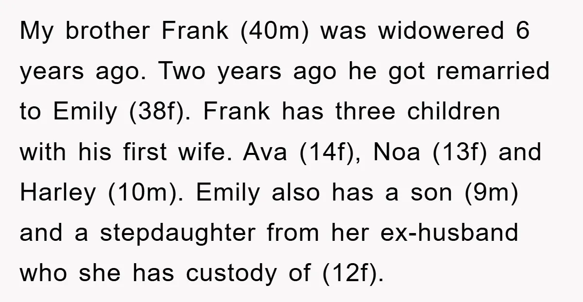My brother Frank (40m) was widowered 6 years ago. Two years ago he got remarried to Emily (38f). Frank has three children with his first wife. Ava (14f), Noa (13f)...
