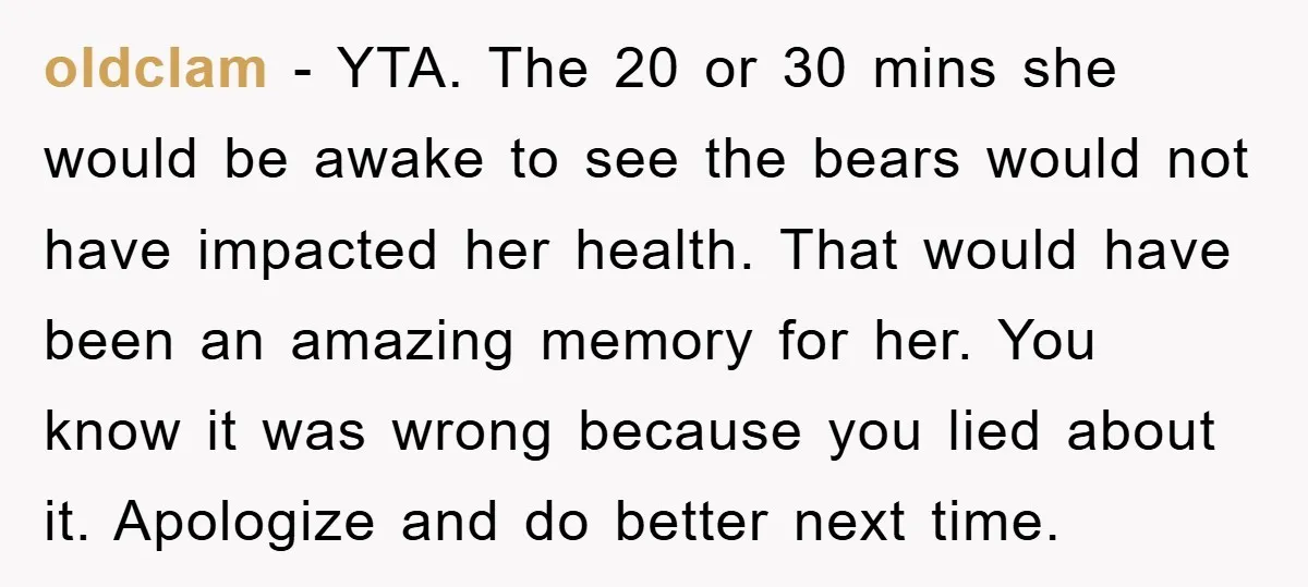 oldclam − YTA. The 20 or 30 mins she would be awake to see the bears would not have impacted her health. That would have been an amazing memory for...