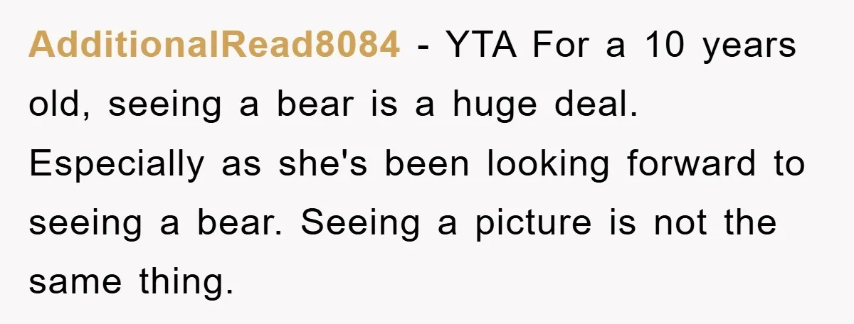 AdditionalRead8084 − YTA For a 10 years old, seeing a bear is a huge deal. Especially as she's been looking forward to seeing a bear. Seeing a picture is not...