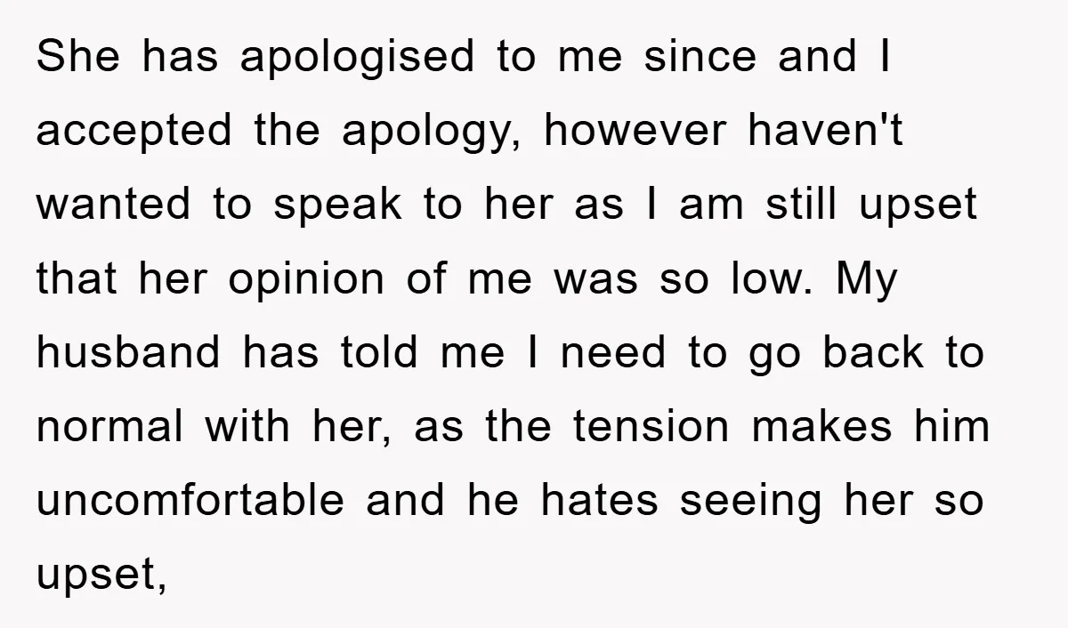 She has apologised to me since and I accepted the apology, however haven't wanted to speak to her as I am still upset that her opinion of me was so...