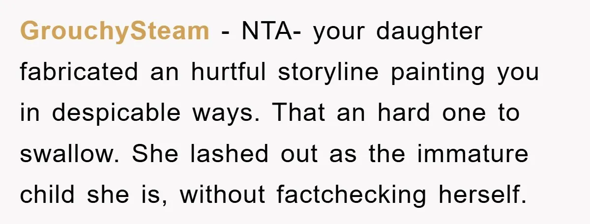 GrouchySteam − NTA- your daughter fabricated an hurtful storyline painting you in despicable ways. That an hard one to swallow. She lashed out as the immature child she is, without...